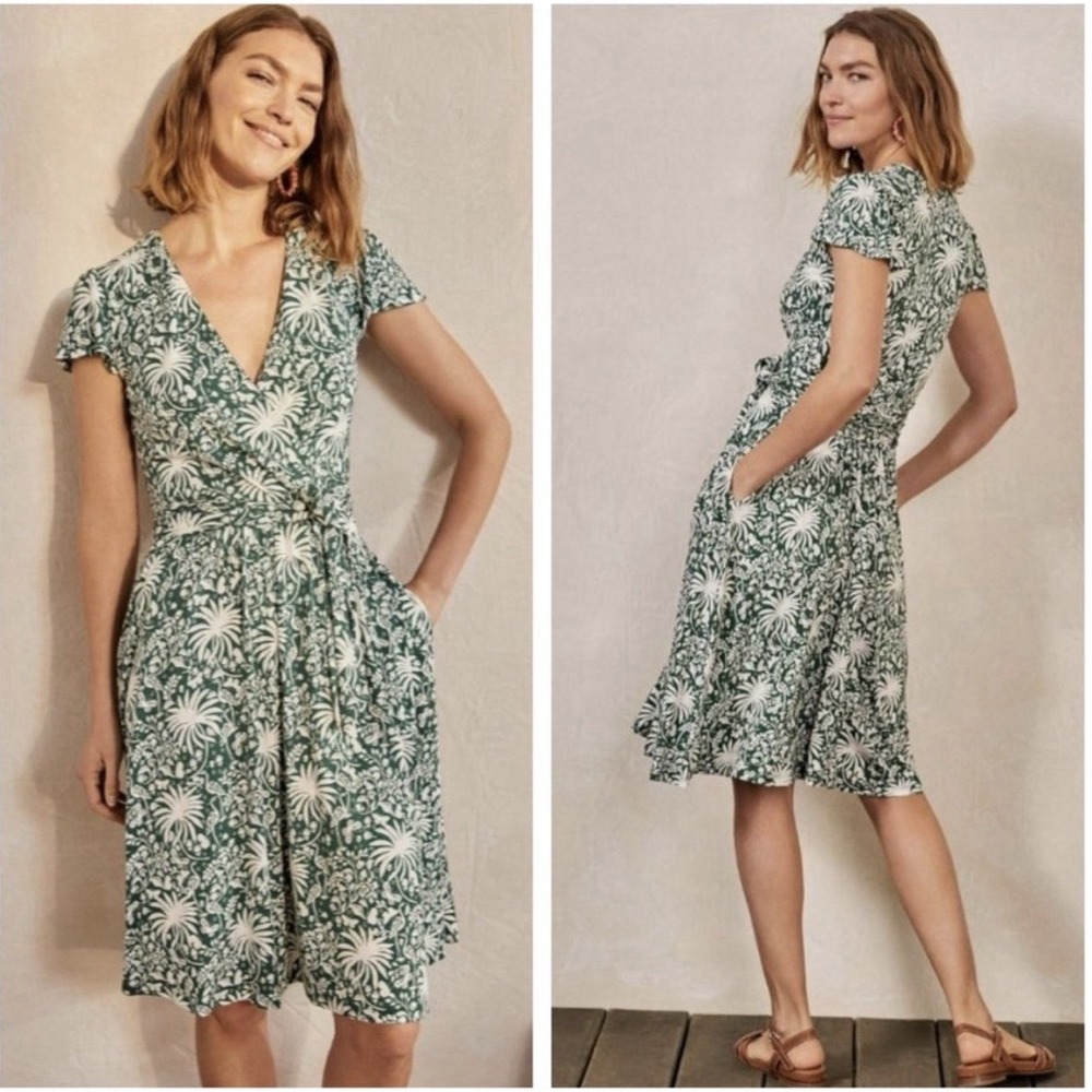 Boden Evangeline Jersey Wrap Dress Size 6 Green Tropical Print Crane Botanical